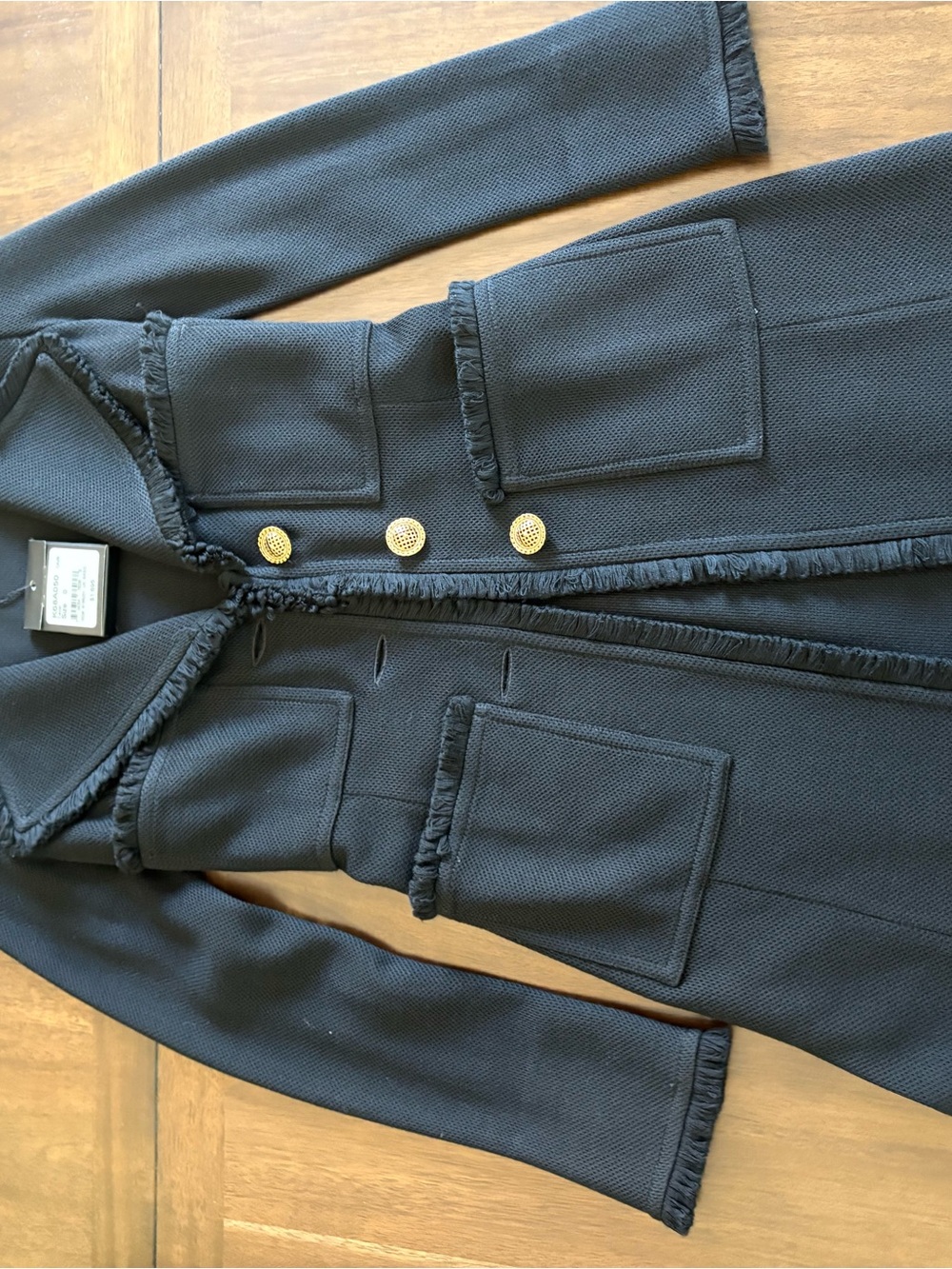 St. John Elegant Black Fringe-Trim Coat with Decorative Gold Buttons